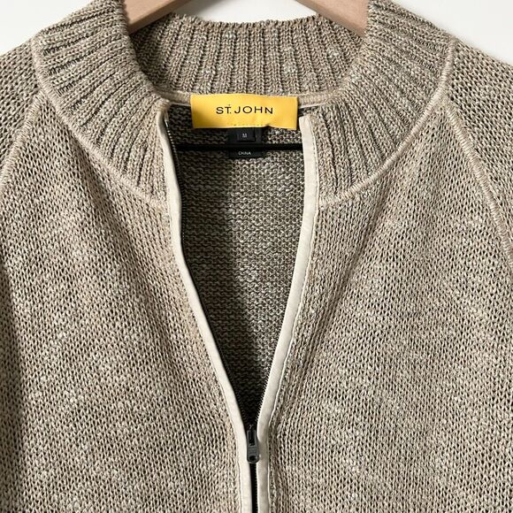 St. John Knit Zip Up Cardigan Tan Linen Silk Wool Blend Leather Pockets Size Med - Picture 2 of 7